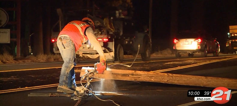 Crews worked to remove toppled utility pole from Hwy. 20 in Sisters Tuesday evening
