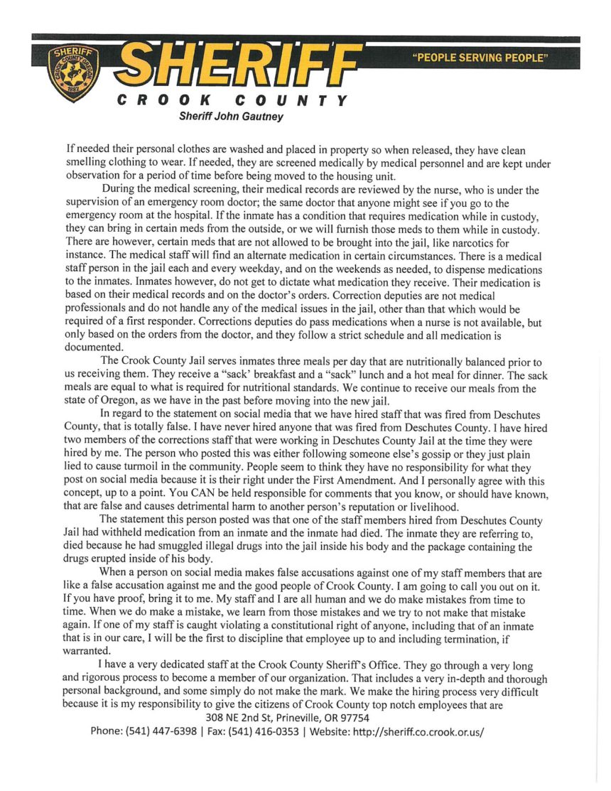 Crook County Sheriff Gautney Posts Letter Defends Jail