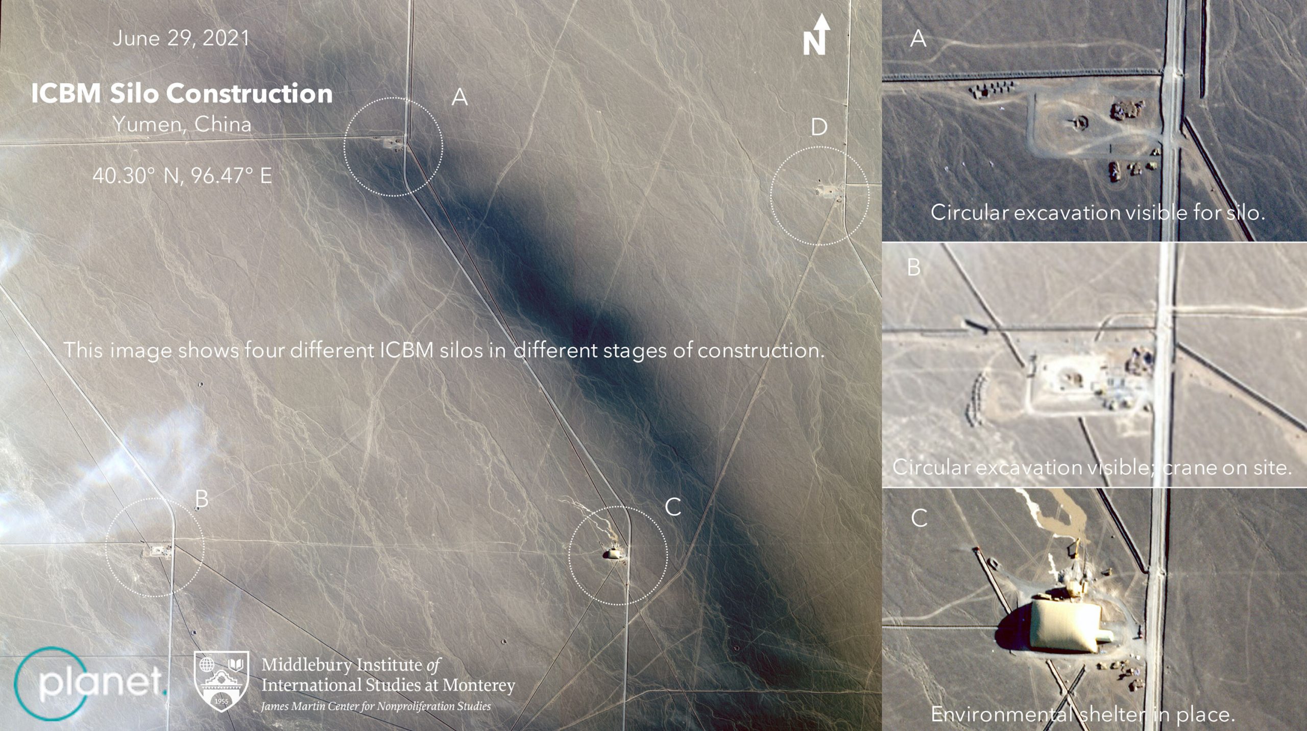 <i>Courtesy Planet Labs Inc./Center for Nonproliferation Studies</i><br/>Satellite images appear to show four Chinese missile silos at various stages of construction.