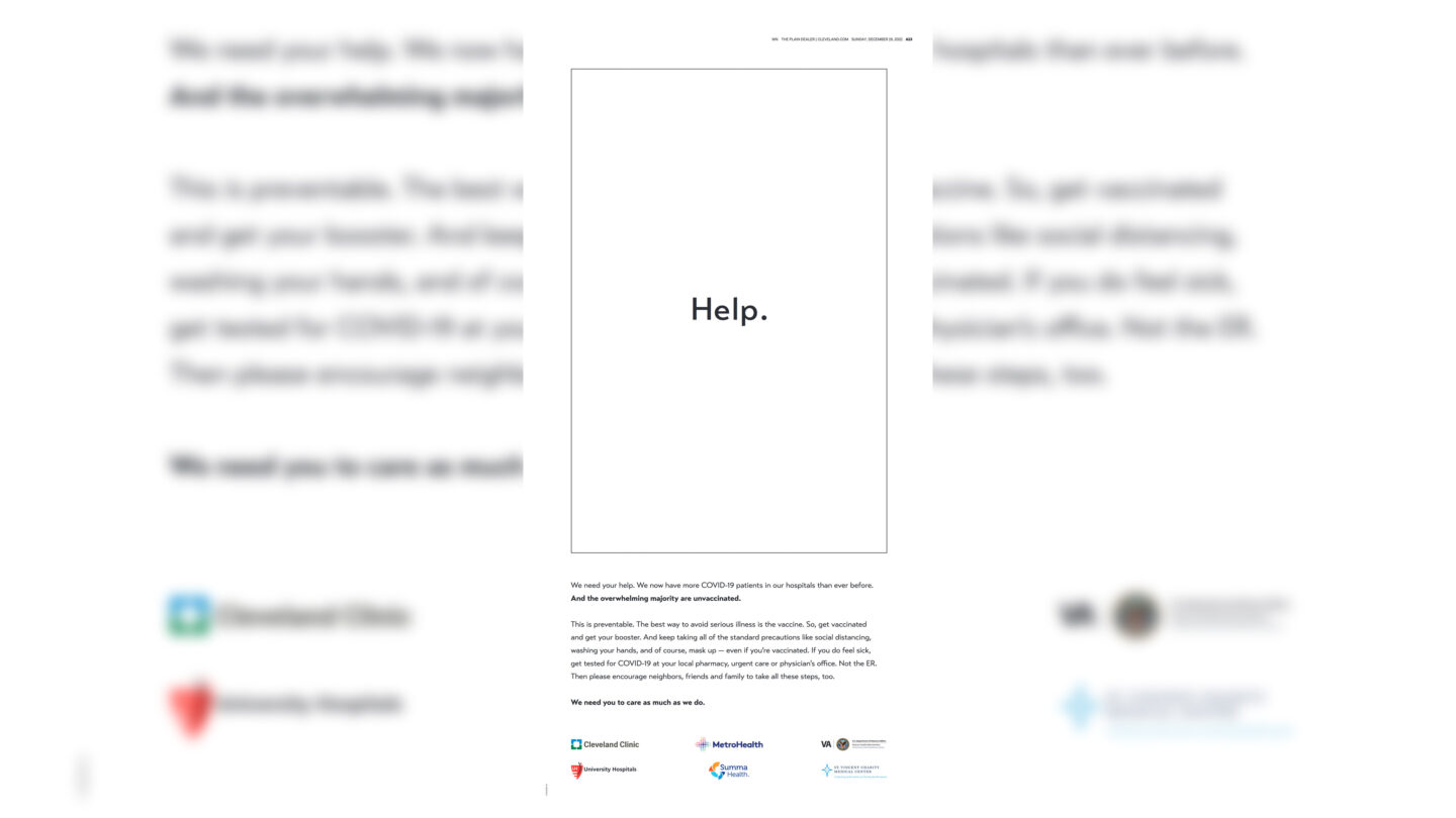 <i>The Plain Dealer/cleveland.com</i><br/>The December 19 ad in the Cleveland Plain-Dealer was a response to the latest Covid-19 health crisis exploding in Northern Ohio