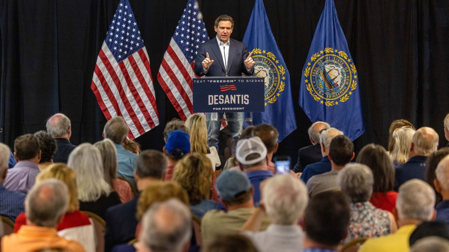 <i>Scott Eisen/Getty Images</i><br/>Florida Gov. Ron DeSantis delivers remarks at a presidential campaign stop in Laconia