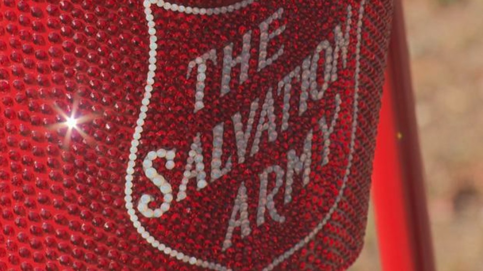 A bedazzled Salvation Army kettle is pictured in Waltham.