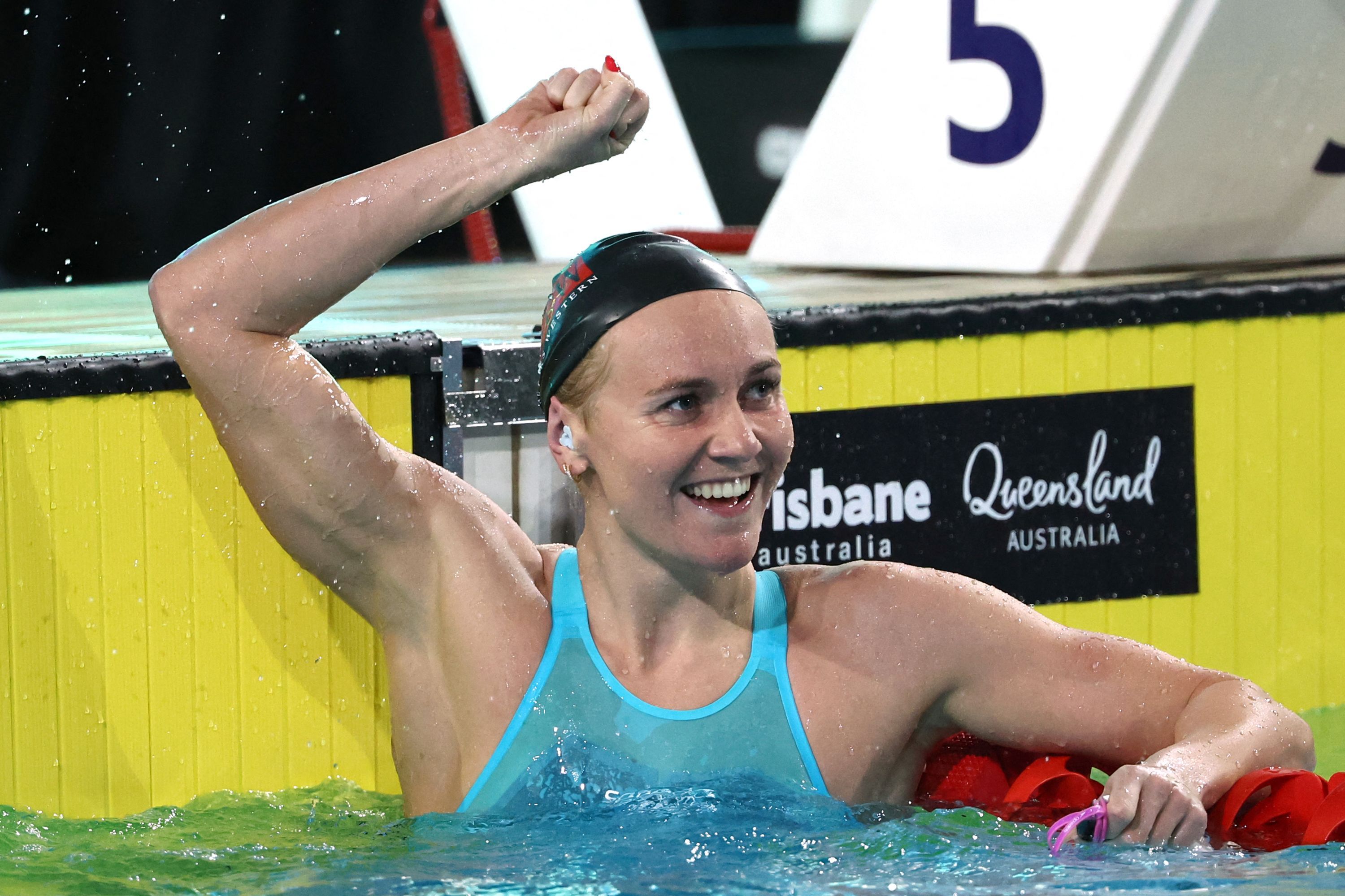 Titmus reacts to setting a world record in the 200m freestyle.
