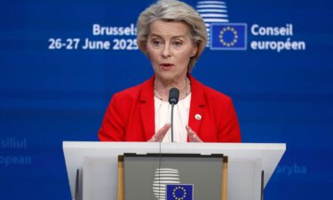 European Commission President Ursula von der Leyen speaks at an EU summit in Brussels on June 26.