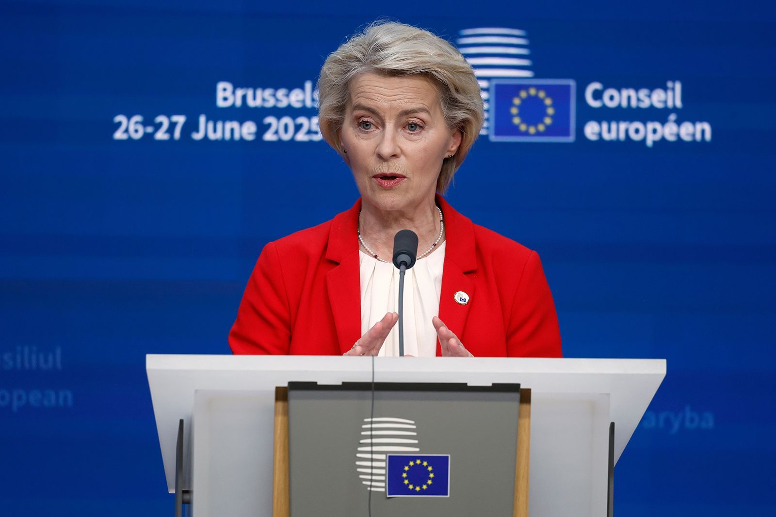 <i>Omar Havana/AP via CNN Newsource</i><br/>European Commission President Ursula von der Leyen speaks at an EU summit in Brussels on June 26.