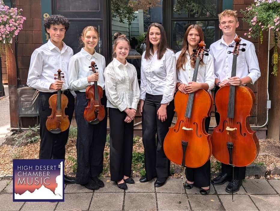 High Desert Chamber Music's 2026-27 Spotlight Chamber Players: (L-R) Ezra Oncken, Parker Carlson, Harper Renfroe, Elizabeth Cape, Peyton Cape, Samuel Weed